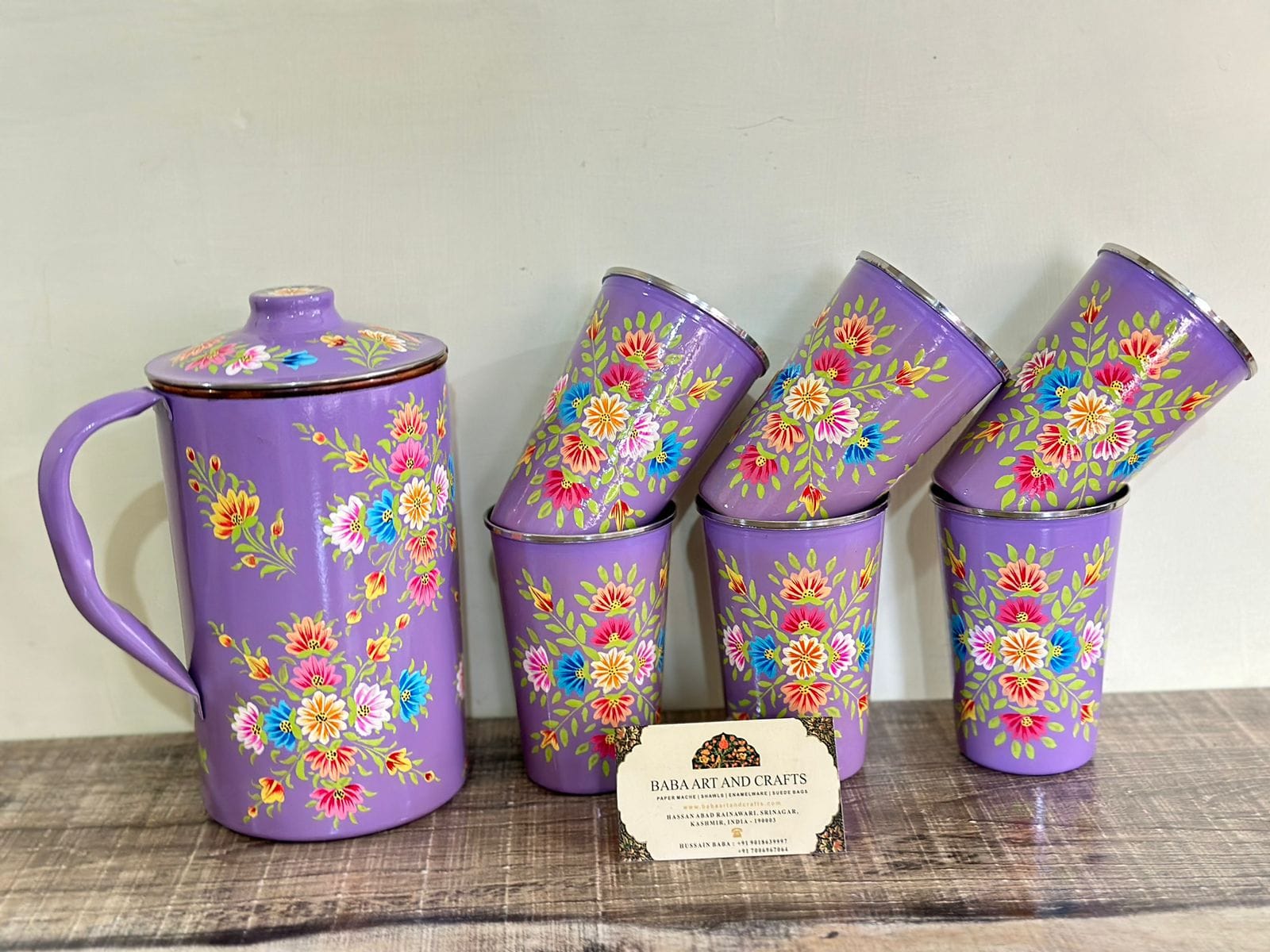 Hand painted jug set, Enamel Ware utensils,Enamelware jug set with 6 hand painted steel glass , kashmiri enamelware, hand painted tumbler and steel pitcher